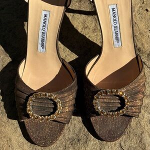 Manolo Blahnik Brown Heels with jeweled accent at toe